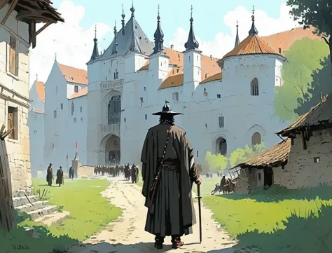 there is a man walking down a path in front of a castle