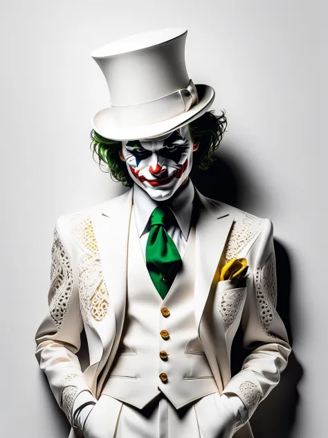 Minimalistisches Modefoto eines Jokers in weißem Anzug und Hut. Weißer filigraner Hintergrund,