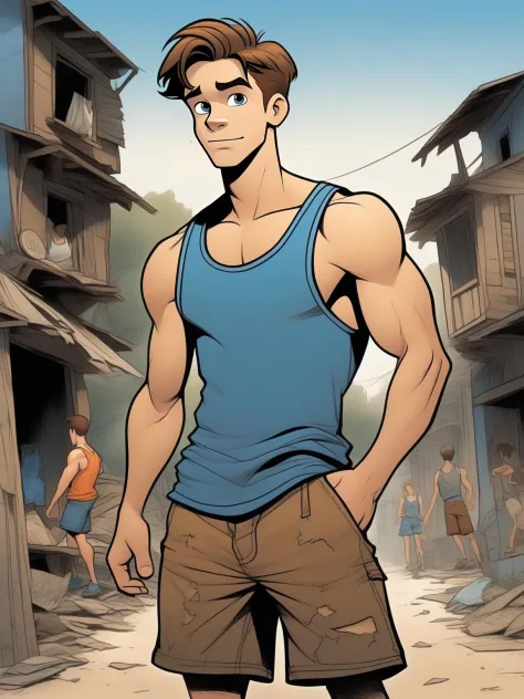 A cartoon like teen in his twenties, wide angle shot of a teen in a ripped dark blue tank top and brown shorts, poorly dressed, in the style of hand colored cartoon, mike allred, don bluth, cartoonish caricatures, standing in shabby ripped clothes, a dark blue tank top and brown shorts,