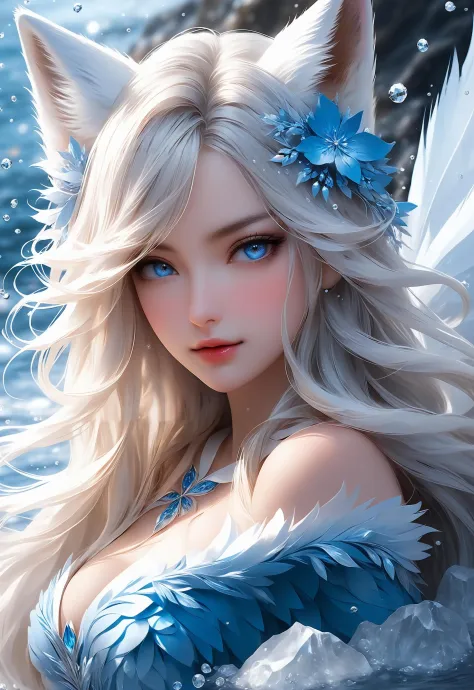masterpiece, best quality,
official art, extremely
detailed cg 8k wallpaper,
(flying petals)
(detailed ice) , crystals
texture skin, cold
expression, ((fox ears)),
white hair, long
hair, messy hair, blue eye,
looking at viewer,
extremely delicate and
beautiful, water, ((beauty
detailed eye)), highly
detailed, cinematic
lighting, (beautiful face),
fine water surface, (original
figure painting), ultra-
detailed, incredibly
detailed, (an extremely
delicate and beautiful),
beautiful detailed eyes,
(best quality), (masterpiece,best quality:1.5)