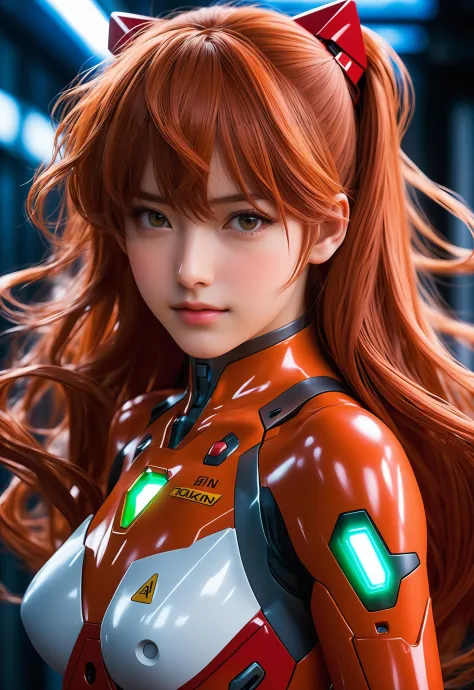 Close - up real - Live - action adaptation of a 3d character of Asuka Langley Soryu in plugsuit, charming face, NeonGenesis Evan...