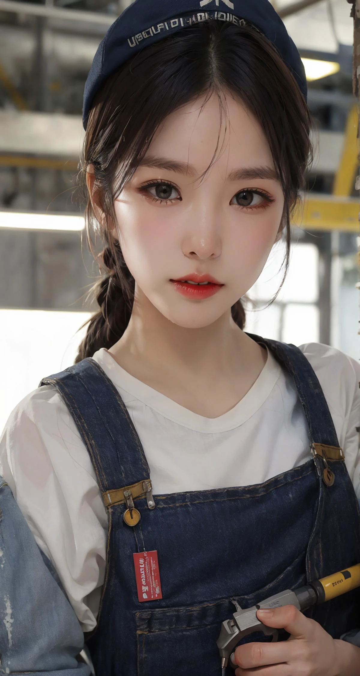 1girl ,solo,perfect lighting,puckered lips,overalls,worker cap,wrench, stains on face, stains on clothes, complex factory environment,tools,electric drill,saw,wood,
(((masterpiece, best quality))),(upper body)looking at viewer,from front,
,detailed  seductive eyes,   