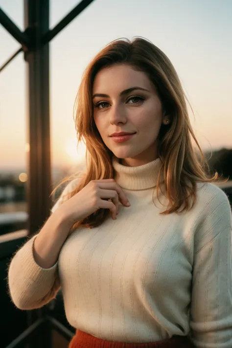 a close up of a woman in a white sweater and red skirt