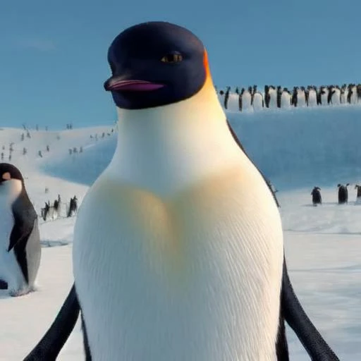 Penguins are walking on the snow with a blue sky in the background ...