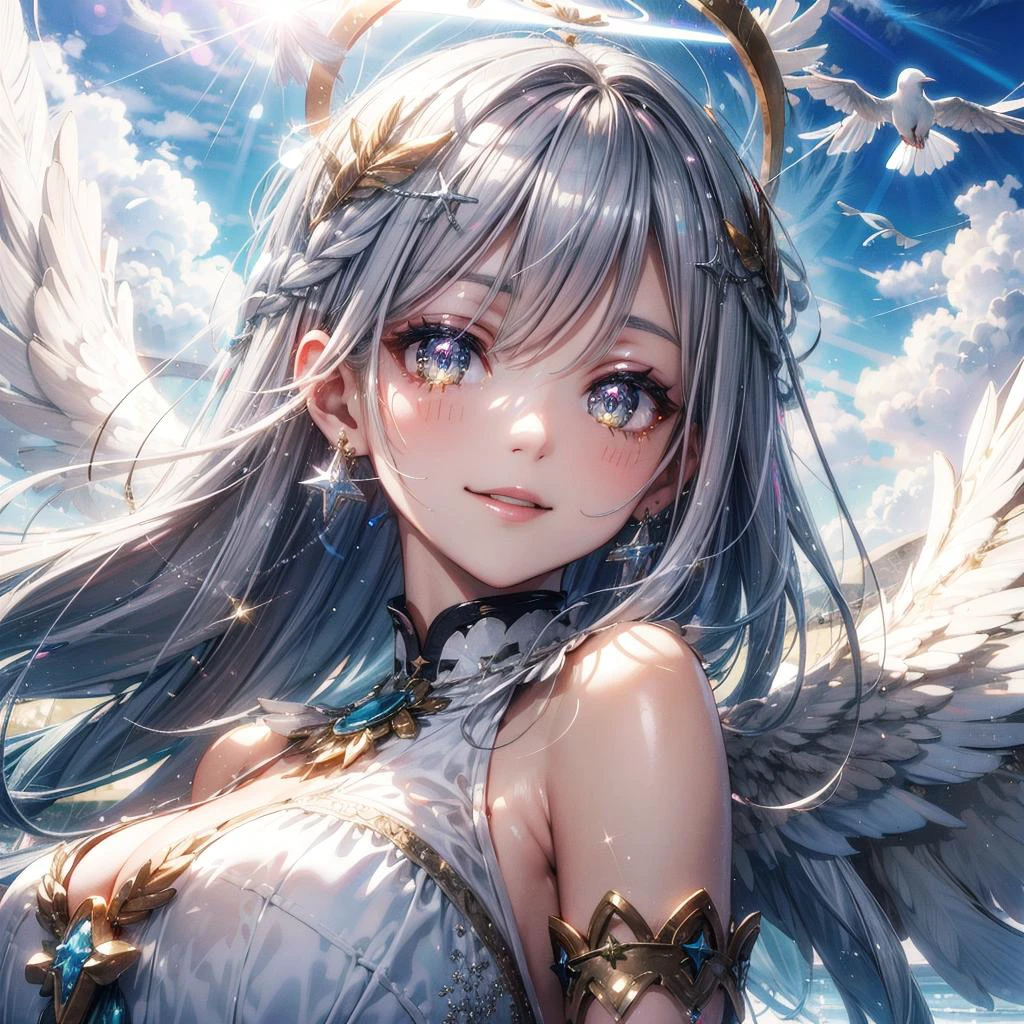 light particles, (glow light:1.2),(1 angel girl:1.2),26yo,cool, adult face,beautiful face, (close up on face:1.1),(medium small breast:1.1),(huge angel wings:1.2),(wild smile:1.2), silver long hair, silver color eyes, detailed eyes, (huge bright halo:1.2),(halo with decorations:1.2),close up on face,(jewelry on hair:1.2), (hair decoration:1.2),(glitter on dress:1.2),(detailed decoration on dress:1.2),(reflection on dress:1.2),(Strong wind blowing), flying in the sky, , (day light:1.2), (heaven on background:1.2), huge sky, a lot of clouds,(sun light:1.2), (lens flare:1.2), (a lot of silver feathers flying:1.2), ,(white doves flying:1.2)
