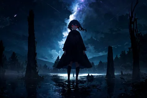 a woman standing in the middle of a forest at night