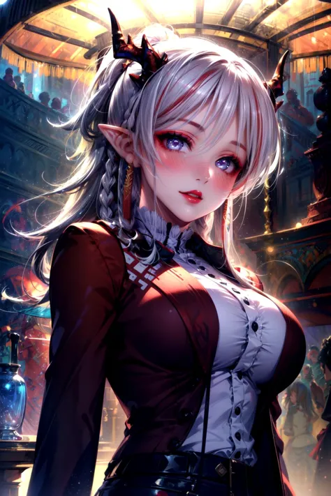 Gothic style <lora:nian_arknights>,nian_arknights,, (masterpiece:1.2),(best quality:1.2),intricate details,newest,ai-generated,perfect anatomy,
beautiful girl,(1girl:1.3),ramen shop,Magical Carousel in a Fairy Tale Park,
edgQuality,<lora:GoodHands-beta2:1>,nice hands,perfect hands,, White gradient hair, Pink and peach ombre,Business Casual: Trousers, blouse, blazer, and loafers.,
1girl,edgQuality,lr,8k,Best Quality,Masterpiece,Extremely Detailed,Ray Tracing,Reflected Light,
(delicate eyes:1.2),beautiful detailed eyes,cold attitude,eyeshadow,eyeliner,Iridescent eyes,(Beautiful face:1.1),(Naughty face:1.1),light_blush,blush,Long eyelashes,Thick eyelashes,Glowing skin and mature contours,(Seductive smile:1.1 ),(Big breasts:0.8),Big breasts,(Red lips:1.1),Milky white skin,
<lora:GoodHands-beta2>,beautiful hands,perfect hands,bursting_breasts,
<Lola:hyperdetailer_v095>, . Dark, mysterious, haunting, dramatic, ornate, detailed