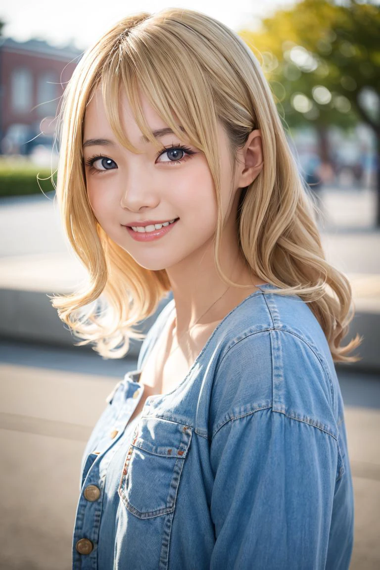 Lumière d&#39;atelier, profondeur de champ, haut du corps, mince, visage mignon, sourire, beaux détails yeux, 19 ans japonais, joli, Boucles volumineuses de couleur blonde chaude, place, Occasionnel