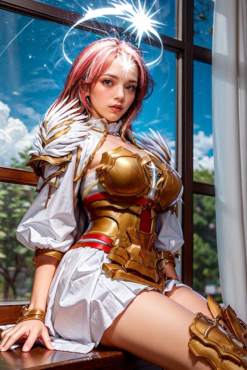 Ultra-HD-details, Ultra-HD-detailed  (masterpiece, top quality, best quality, official art, beautiful and aesthetic:1.2), (1girl), (extended downblouse), photo focus, high level of detail, best quality, masterpiece, illustration,an extremely delicate and beautiful,CG,unity,8k wallpaper, Amazing, finely detail, official art, extremely detailed CG unity, incredibly absurdres, huge filesize, ultra-detailed, highres, extremely detailed, beautiful detailed girl, realistic, medium full shot, cowboy shot, half body shot, body, thighs, narrow waist, ((neo_paladin\(dnf\),windows,long hair,  sun light through windows,sitting, star halo,skirt)), cinematic lighting, (vibrant:1.1), sharp focus, clouds,good hands, standing