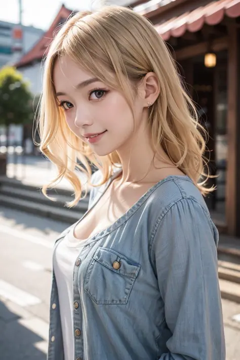 studio light, depth of field, upper body, slender, cute face, smile, beautiful details eyes, 19yo japanese, pretty, Voluminous curls with warm blonde color, Plaza, casual