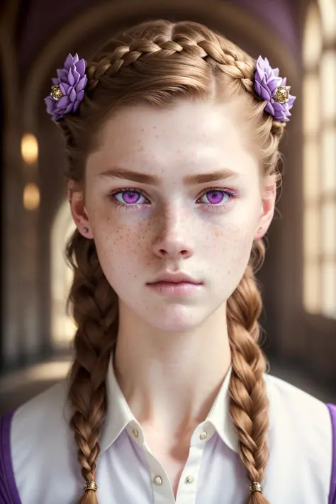 (masterwork:1.1), woman, freckles, close up, purple eyes, portrait, hair between eyes, hair ornament, crown braid, looking at viewer, light brown hair, grey school uniform, shirt, solo, tile floor, tile wall, tiles, two side up (masterpiece:1.0), (best quality:1.4), (ultra highres:1.2), (8k, RAW photo:1.2), (soft focus:1.4),