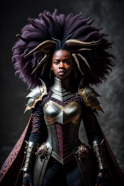 abstract colors, texture, film grain, (skin pores:0.15), intricate RAW full-body dramatic portrait photo young woman, dragon horns, huge afro hair, (grey hair), messy hair, black eyes, tight The Armor of Demonblood, medium breast, pointy ears, black gloves...