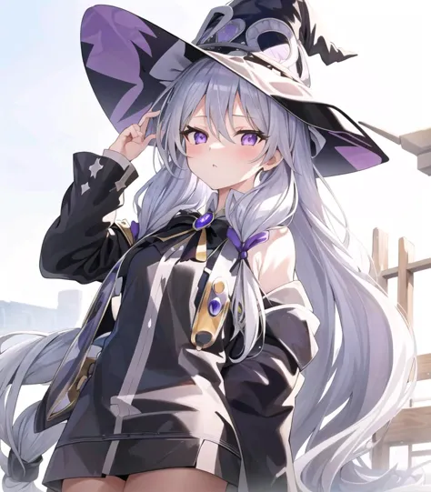 masterpiece, best quality, 1girl,  elaina, silver hair, purple eyes, long hair, hat, ti-emb_elaina