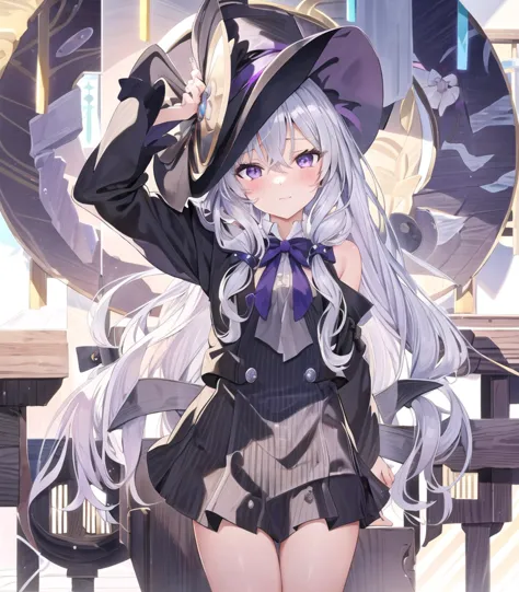 masterpiece, best quality, 1girl,  elaina, silver hair, purple eyes, long hair, hat, ti-emb_elaina