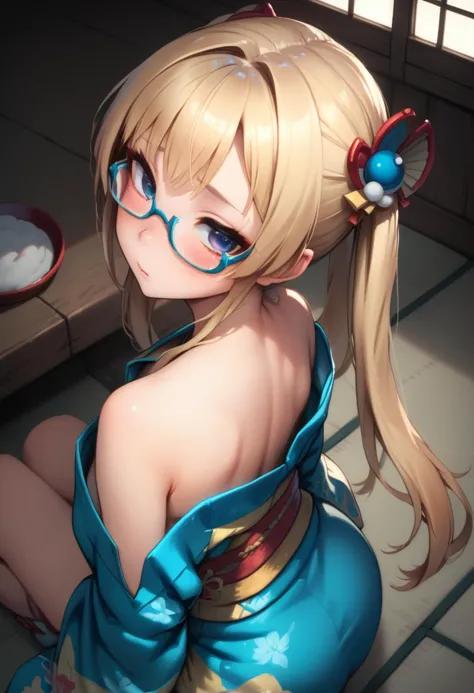 zPDXL, overshoulderdownblouse, 1girl, glasses, solo, kneeling, blonde twintails, long hair, indoors, colorful kimono, blush, head tilt, hair ornament, bangs, from behind, from above <lora:OverShoulderDownBlouse:1> <lora:princess_xl_v2:0.6>