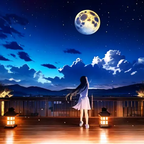 masterpiece, best quality, highly detailed,1girl, aerial_fireworks, aurora, balcony, beach, blue_sky, blue_theme, bottle, building, chair, city, city_lights, cityscape, cloud, cloudy_sky, constellation, crescent_moon, dusk, earth_\(planet\), fence, fireflies, fireworks, full_moon, galaxy, horizon, lamppost, light_particles, long_hair, milky_way, moon, moonlight, night, night_sky, ocean, onsen, outdoors, planet, railing, rooftop, scenery, shooting_star, sky, skyline, skyscraper, snow, snowing, solo, space, standing, star_\(sky\), star_\(symbol\), starry_background, starry_sky, starry_sky_print, steam, sunrise, table, tanabata, tanzaku, telescope, town, twilight, window