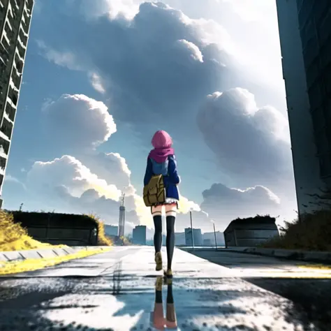 masterpiece, best quality, highly detailed,1girl, building,{ruins}, city, cityscape, cloud, cloudy_sky, day,  jacket, long_hair, outdoors, overcast, pink_hair, pouch, rain,  scarf, scenery, sky, skyscraper, thighhighs, from from behind, [[[[[reflection]]]]],