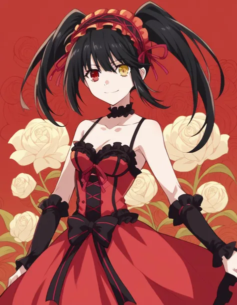 score_9, score_8_up, score_7_up, source_anime, 
kurumitokisaki, kurumi tokisaki astral dress, long hair, black hair, red eyes, twintails, yellow eyes, hairband, heterochromia, smile, dress, red dress, bare shoulders, collarbone, choker, bowtie, red bowtie, detached sleeves, corset, frills, 
smile, floral background,
looking at viewer, cowboy shot, dutch angle, solo,
