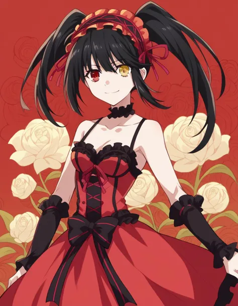 a woman in a red dress with black gloves and a red rose