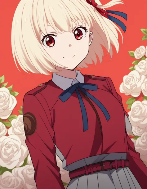 score_9, score_8_up, score_7_up, source_anime,
chisatonishikigi, chisato nishikigi, short hair, bangs, blonde hair, red eyes, hair ribbon, one side up, bob cut,
shirt, long sleeves, dress, ribbon, white shirt, collared shirt, belt, neck ribbon, red dress, blue ribbon, pleated dress, grey dress, two-tone dress, red belt, lycoris uniform,
smile, floral background,
looking at viewer, cowboy shot, dutch angle, solo,