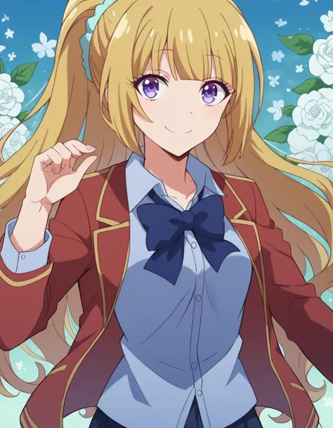 score_9, score_8_up, score_7_up, source_anime, 
keikaruizawa, kei karuizawa, long hair, bangs, blunt bangs, purple eyes, blonde hair, shirt, hair ornament, ponytail, scrunchie, blue scrunchie, smile, 
skirt, shirt, bow, school uniform, jacket, red jacket, pleated skirt, bowtie, sweater, blue bow, blue shirt, 
smile, floral background,
looking at viewer, cowboy shot, dutch angle,