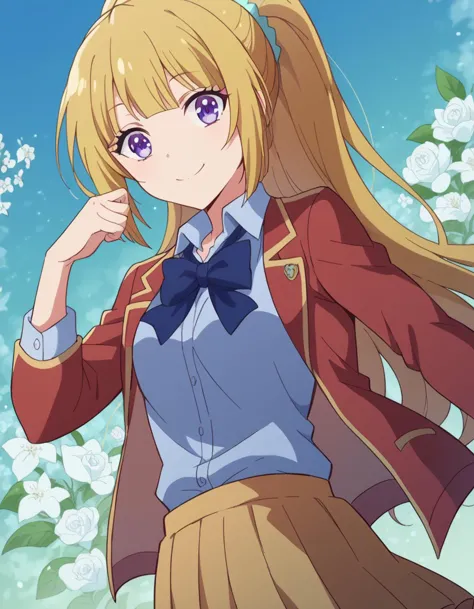 score_9, score_8_up, score_7_up, source_anime, 
keikaruizawa, <lora:kei-karuizawa-anime-s2-ponyxl-lora-nochekaiser:1>, 
kei karuizawa, long hair, bangs, blunt bangs, purple eyes, blonde hair, shirt, hair ornament, ponytail, scrunchie, blue scrunchie, smile, 
skirt, shirt, bow, school uniform, jacket, red jacket, pleated skirt, bowtie, sweater, blue bow, blue shirt, 
smile, <lora:floral-background-ponyxl-lora-nocheakaiser:1>, floral background,
looking at viewer, cowboy shot, dutch angle,