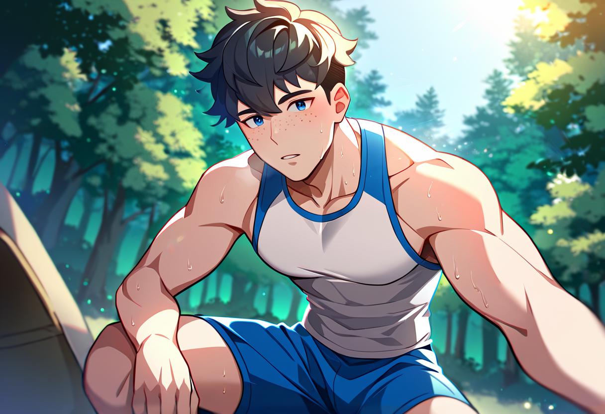 Anime guy in a tank top crouches down to take a picture - SeaArt AI