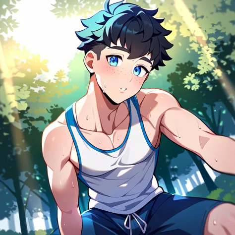 anime boy with blue eyes sitting on a skateboard in the woods