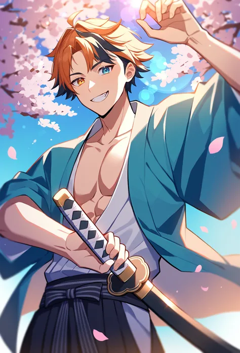 anime guy with a sword and a blue shirt holding a pink flower