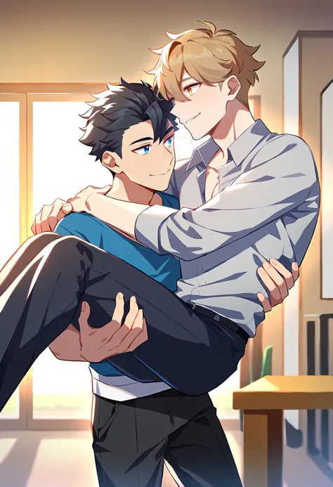 2boys, male focus, multiple boys, yaoi, couple, princess carry, carrying, shirt, pants, looking at another, smile, indoors, best...