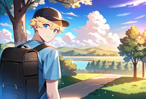 1boy, male focus, scenery, sky, cloud, tree, baseball cap, hat, backpack, bag, solo, looking back, blonde hair, blue eyes, short...