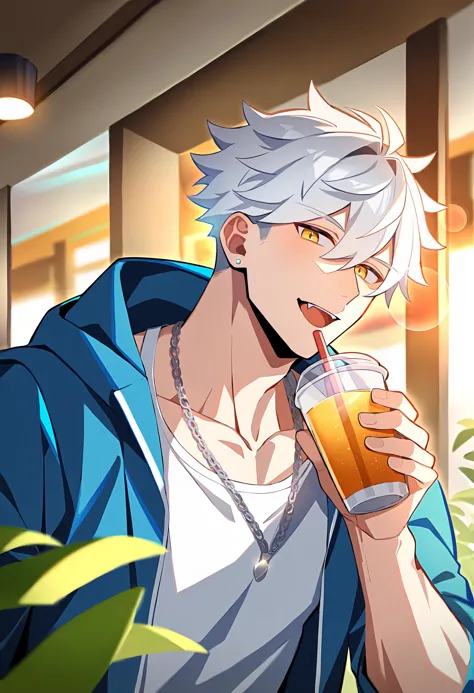 1boy, male focus, holding drink, holding, drink, toned male, toned, pectorals, jacket, open jacket, open clothes, tank top, chai...