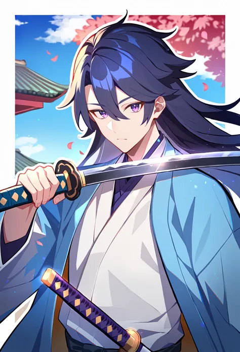 1boy, male focus, bishounen, holding sword, holding weapon, katana, sword, japanese clothes, haori, east asian architecture, sol...