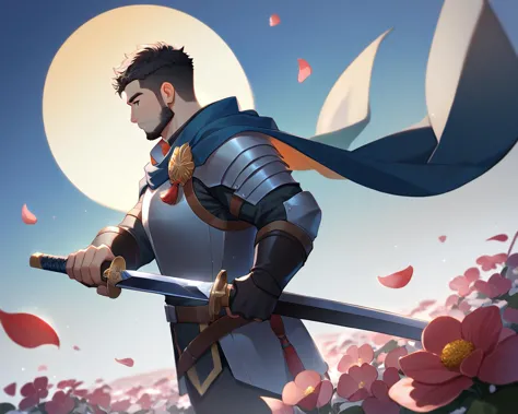 a close up of a person holding a sword in a field of flowers