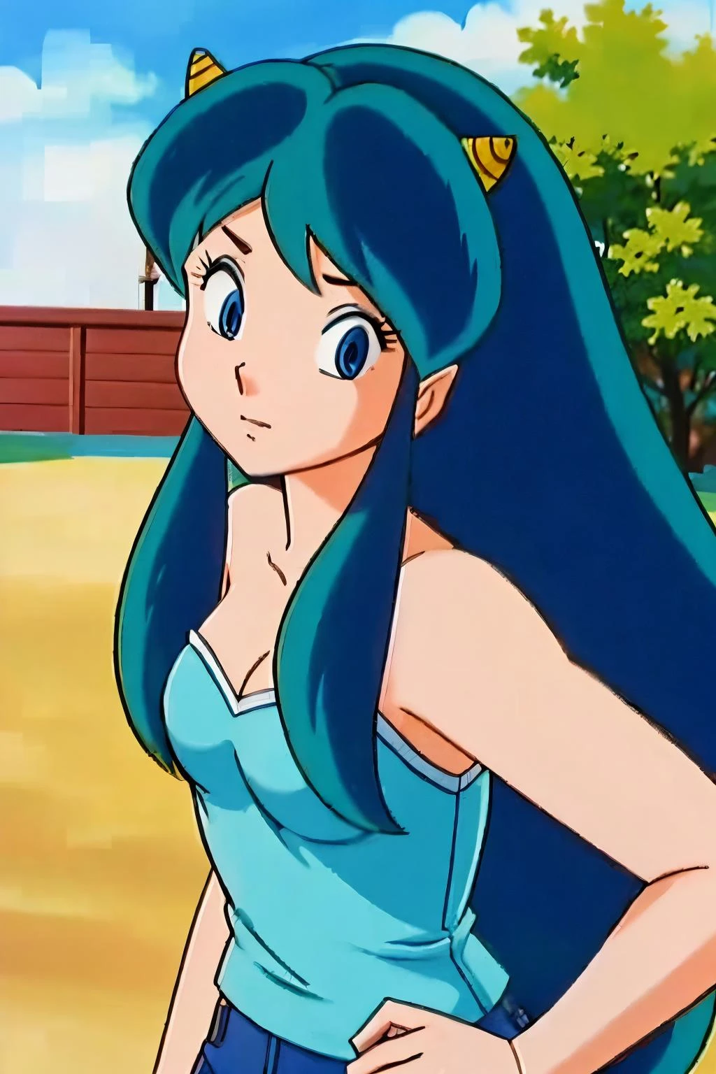 A close up of a woman with long blue hair and a blue top - SeaArt AI