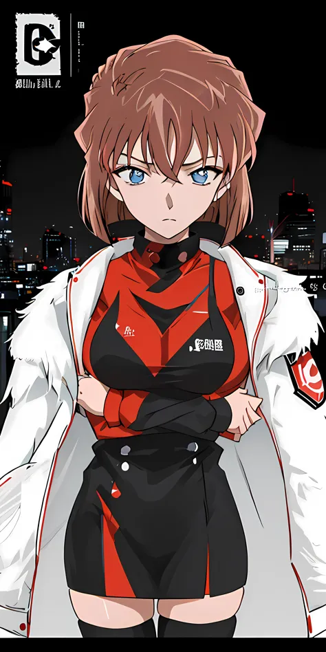 anime girl in red and black outfit standing in front of a city