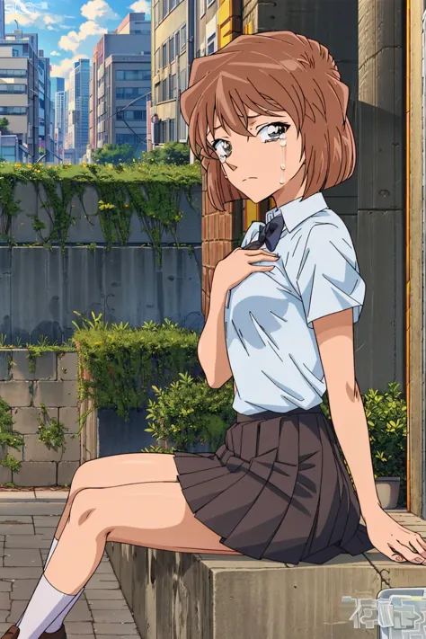 anime girl sitting on a ledge in a city with a cityscape in the background