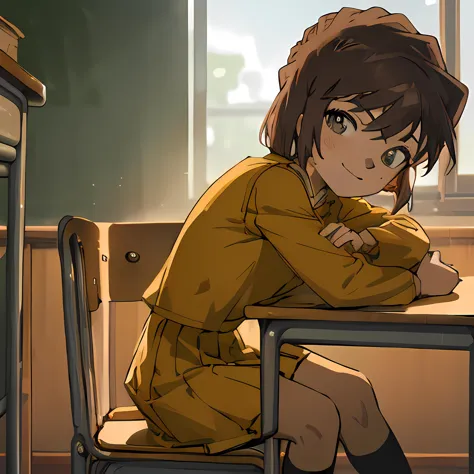 <lora:haibaratv:1>, (masterpiece, best quality),1girl , solo, yellow school uniform classroom, warm lighting, looking at camera,  blurry foreground, child, short, young age , smile, sitting on chair behind table