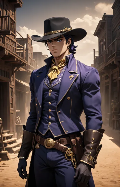 a man in a cowboy outfit and hat standing in a western town