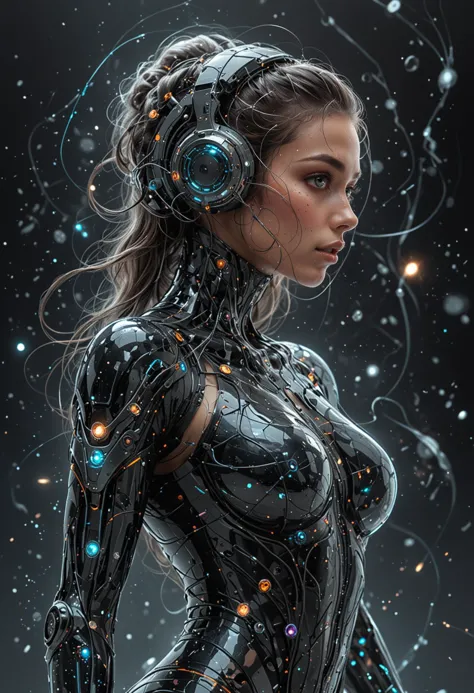 a woman in a futuristic suit with headphones and glowing lights