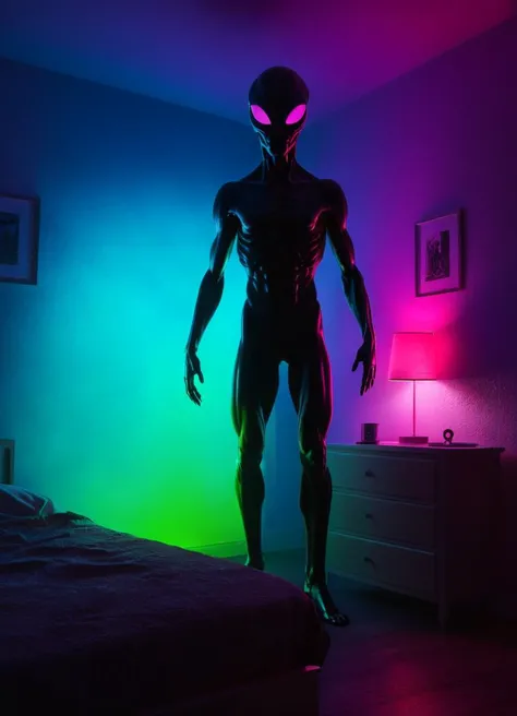 arafed alien standing in a bedroom with a neon light