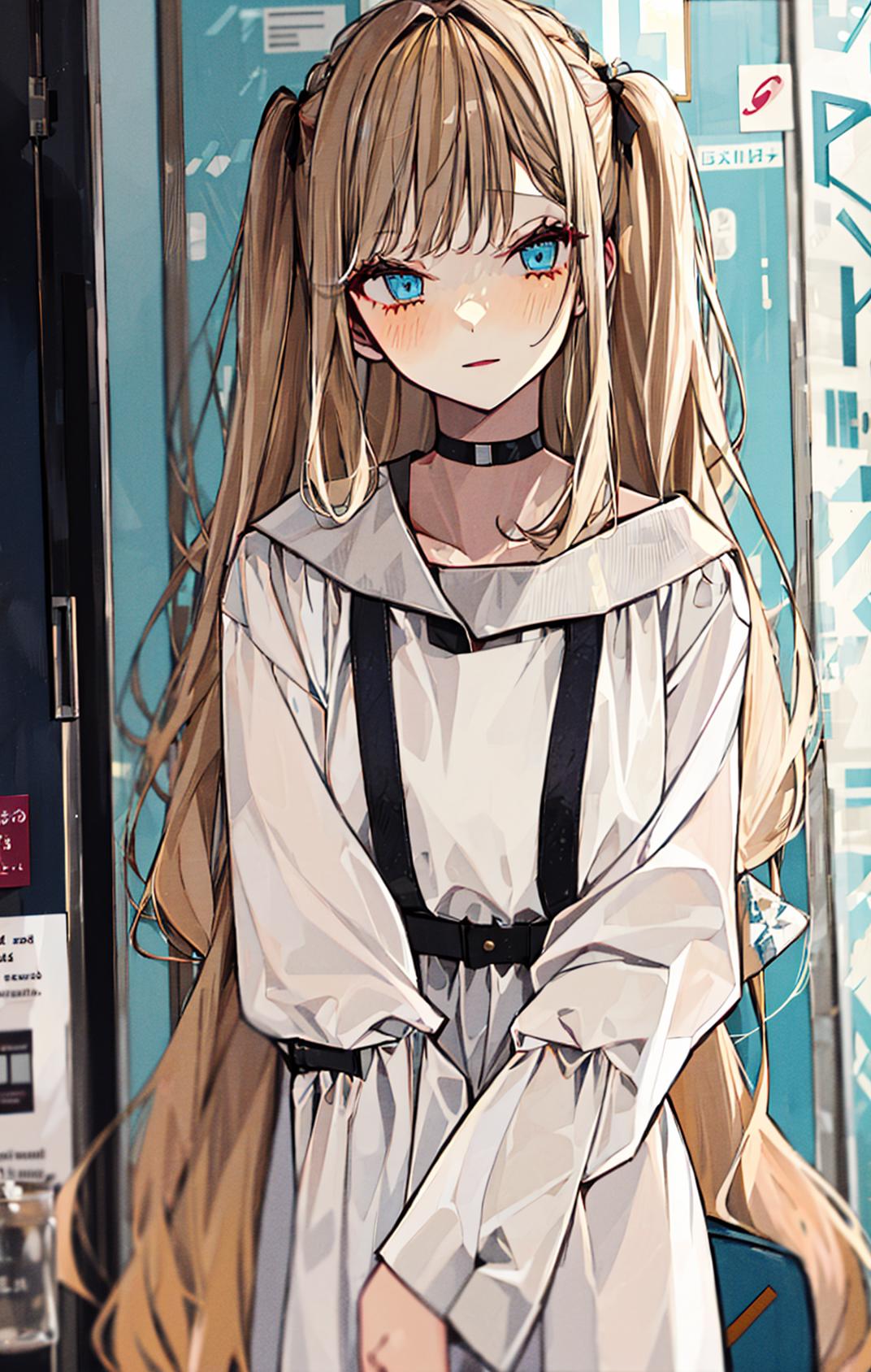 Anime girl with long blonde hair and blue eyes standing in front of a  vending machine - SeaArt AI