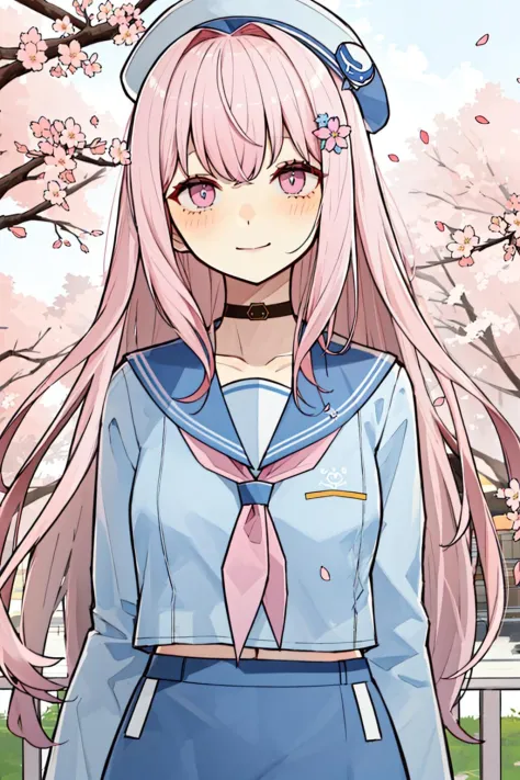 1girl, hat, (upper_body:1.5), close-up, cherry_blossoms, outdoors, day, spring_\(season\), smile, solo, bangs, pink_eyes, blush, closed_mouth, looking_at_viewer, long_hair, brown_hair, branch, eyebrows_visible_through_hair, floating_hair,hair_between_eyes, blue_sailor_collar, serafuku, long_sleeves, neckerchief, pleated skirt, pink_flower, petals, tree, white_shirt, wind, railing, sky <lora:style_AkakuraT26:1><lora:chara_SakuratokoAT:0.6:lbw=MIDD>