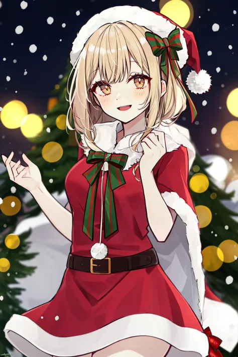 1girl, bangs, blonde_hair, blurry, blurry_background, blush, bokeh, bow, brown_eyes, christmas, christmas_lights, christmas_orna...