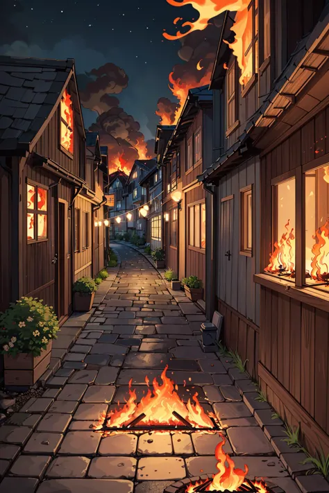 a fire burns in the middle of a narrow street with a fire pit