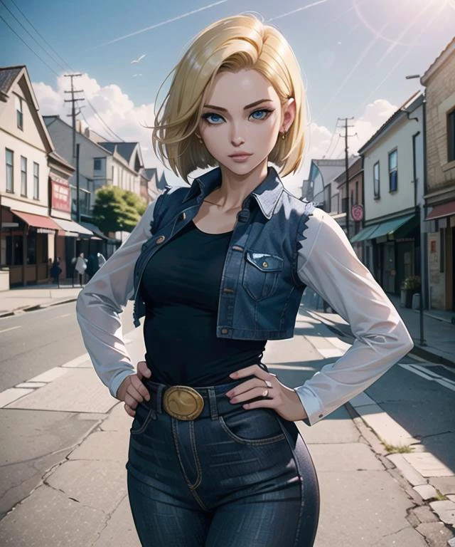 (masterpiece), (high quality), woman in her 20s, android_18, (perfect face), defined jawline, beautiful lips, (short blonde straight bob cut hair), (beautiful bright blue eyes), (perfect anatomy), athletic body, (sexy, muscular), (perfect hands), (hands on waist), small simple gold earrings, (black shirt under blue denim vest), long white sleeves, (black pants), (looking at viewer), (medium shot photograph), countryside village background, (trending on ArtStation, trending on CGSociety), (by Artgerm), (by Beln Ortega), (by Dan Mora), (by Terry Dodson), octane render, unreal engine, modelshoot style, realistic, 