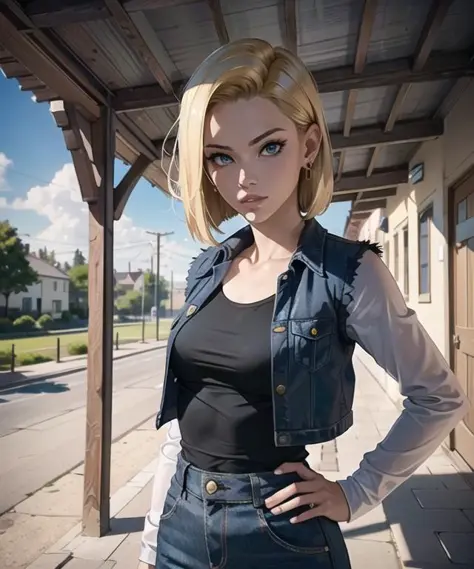 (masterpiece), (high quality), woman in her 20s, android_18, (perfect face), defined jawline, beautiful lips, (short blonde stra...