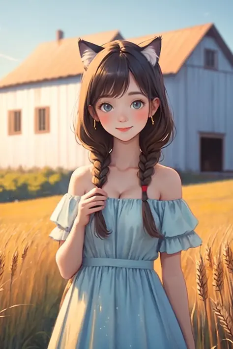 young 1girl with braided hair and fluffy cat ears, dressed in Off-Shoulder Sundress, standing in a rustic farm setting. She has ...