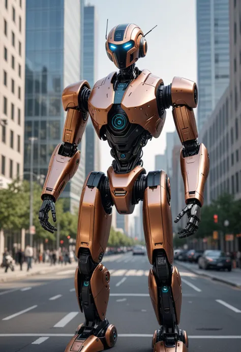 (medium full shot) of (advanced robot), copper aerial drone configuration, integrated HUD, power boosters, set in  a modern city, featuring advanced architecture, automated systems, sleek public spaces, during the day, Masterpiece,best quality, photo, realistic, very aesthetic, detailed face,