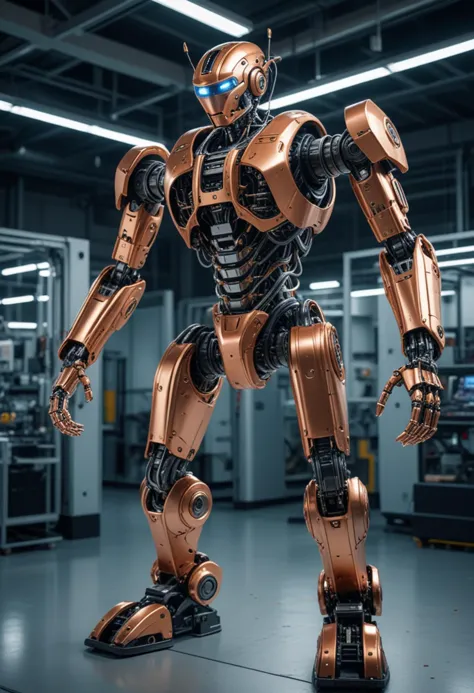 (medium full shot) of (futuristic robot), copper exoskeleton, grappling hooks, retractable wheels, antennae, sensor arrays, set in  an innovative production facility, featuring robotic assembly, advanced diagnostics, high-efficiency operations, at night, Masterpiece,best quality, photo, realistic, very aesthetic, detailed face,